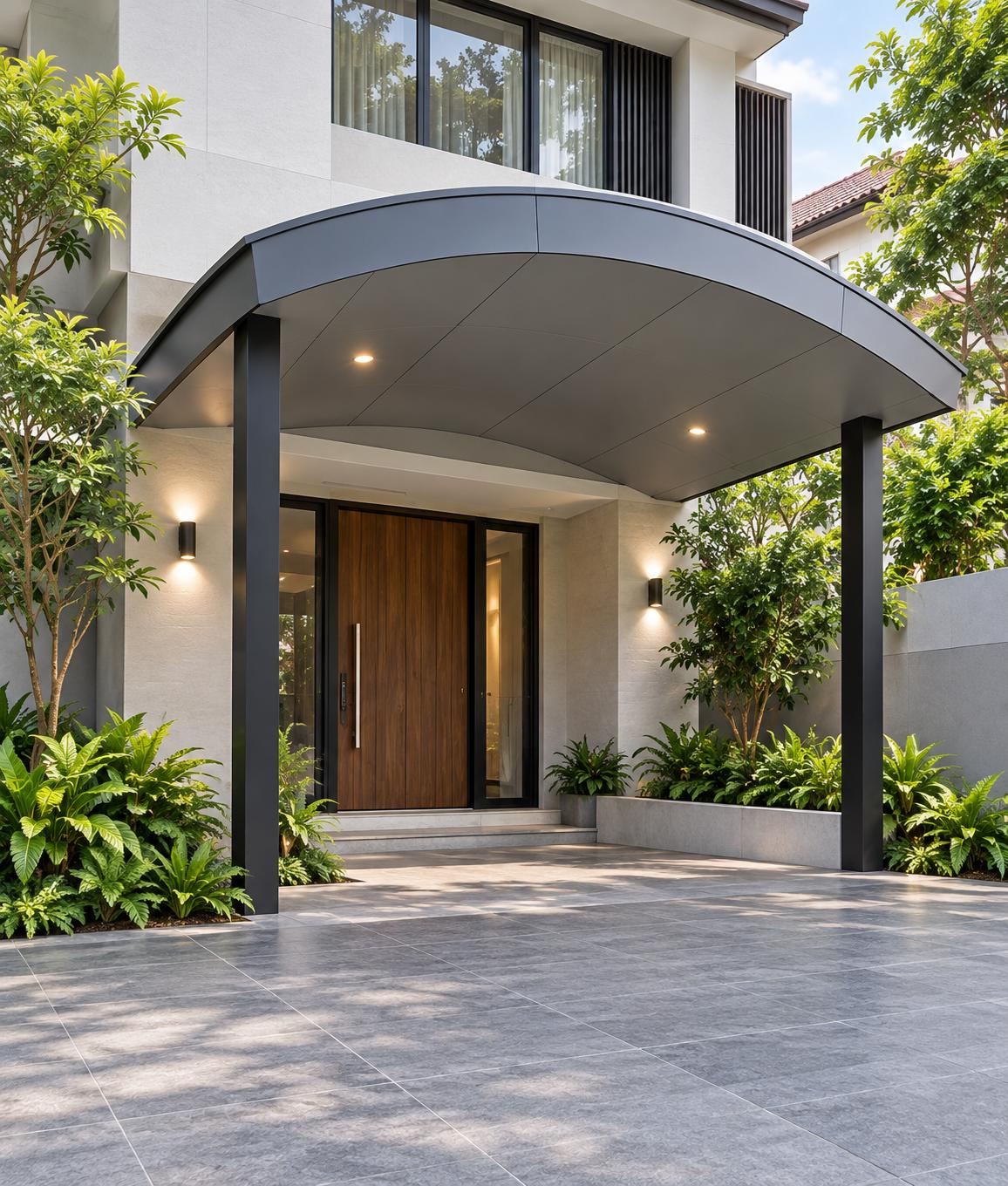 Curved entrance awning over a front door