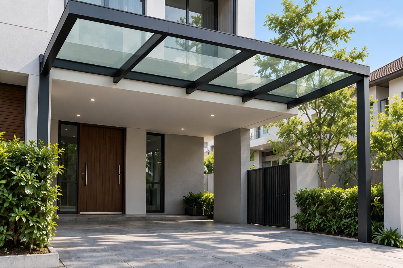 Glass canopy on steel frame