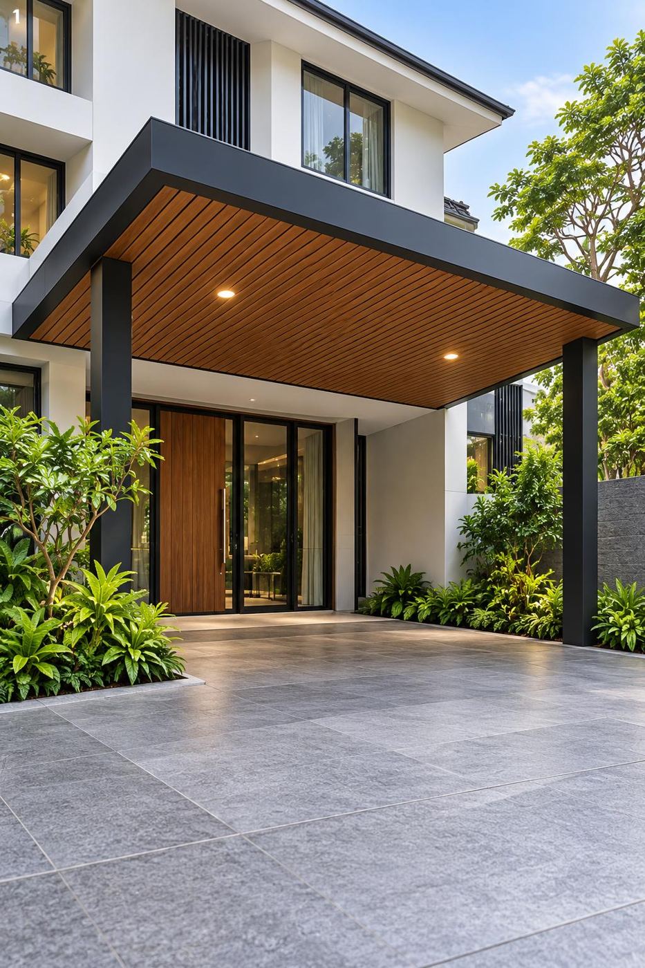 Timber-soffit entrance canopy