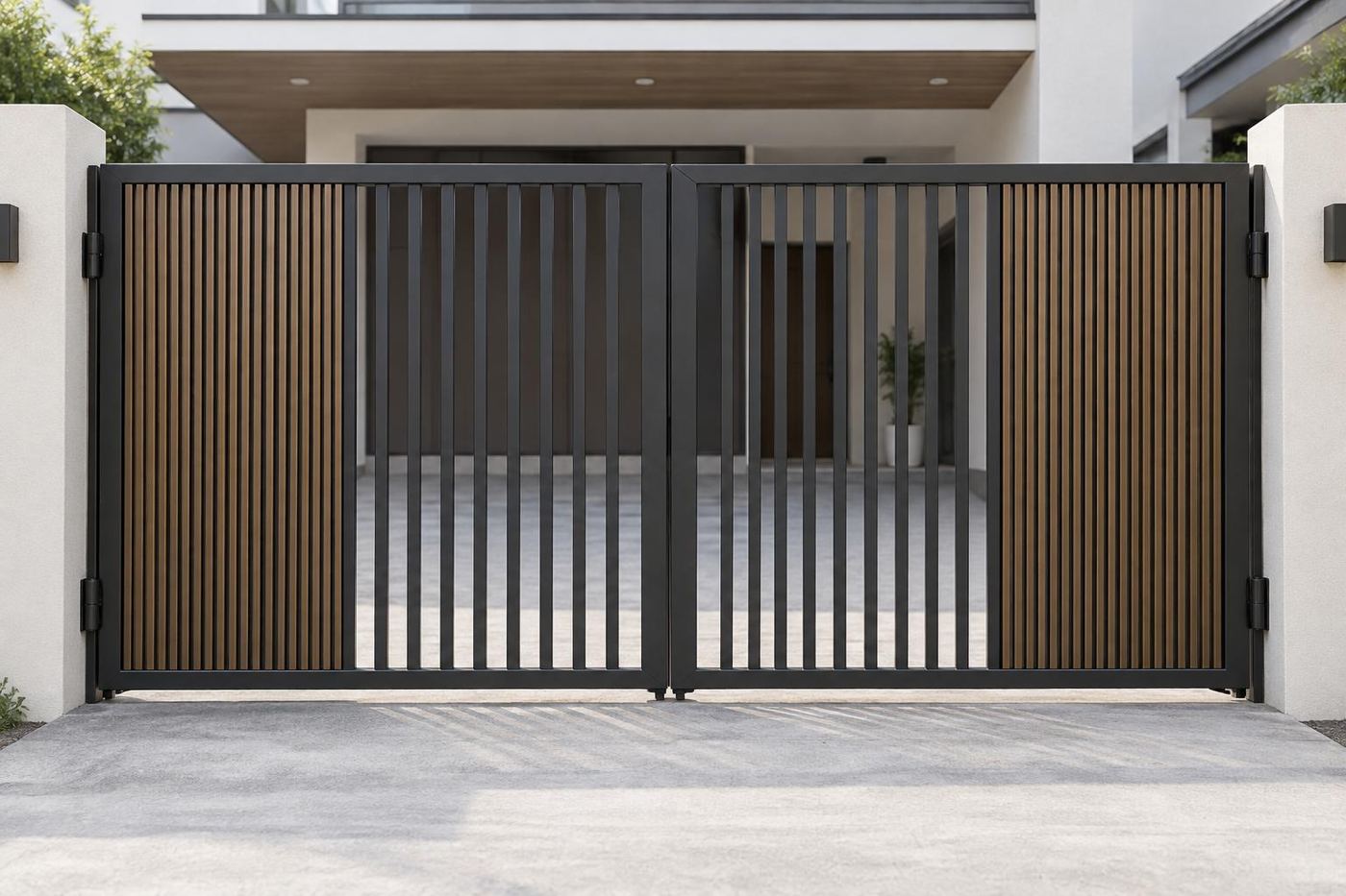 Vertical-bar gate with timber panels