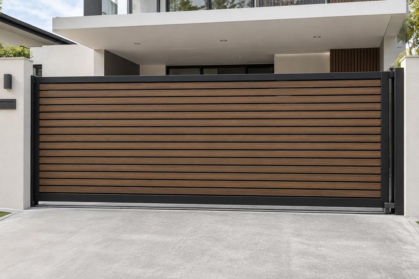 Gate with horizontal timber-look slats